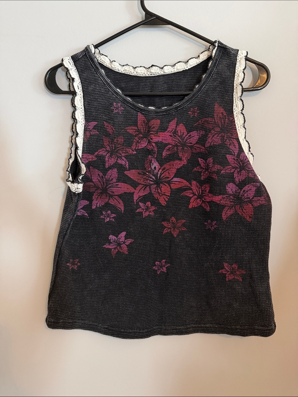 Black Floral Lace-Trim Tank Top with Pink Accents